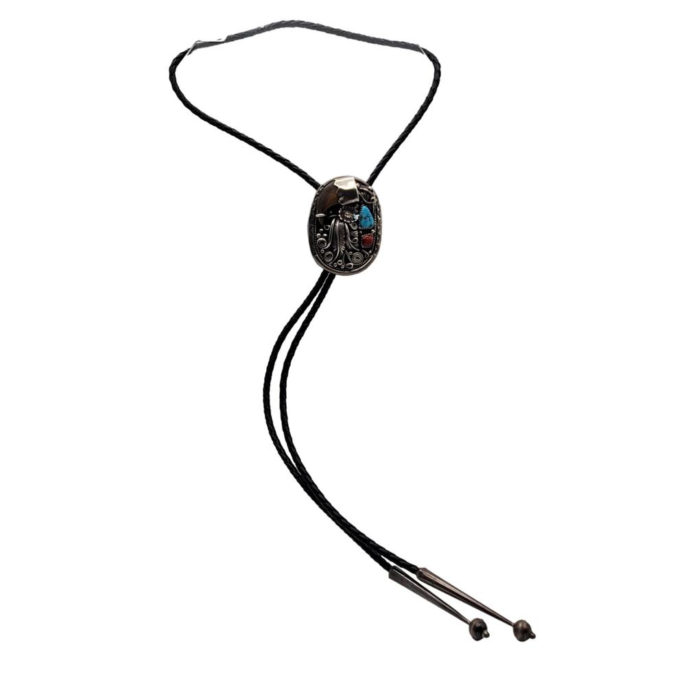 Navajo Sterling Silver Bolo Tie Turquoise Coral Native American Verdy Jake SW - Picture 5 of 13